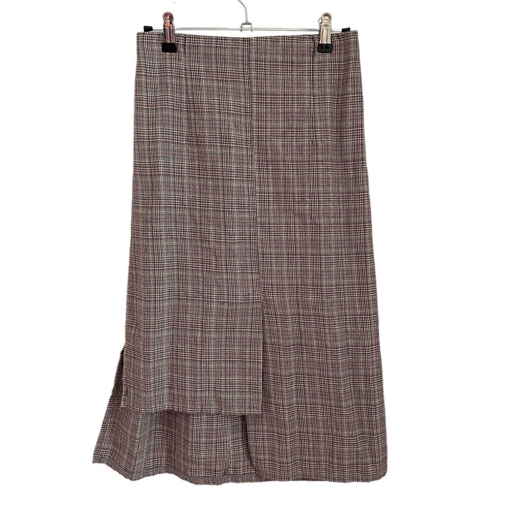 Oak + Fort One Size Skirt Midi Asymmetrical Hem Plaid Check Brown